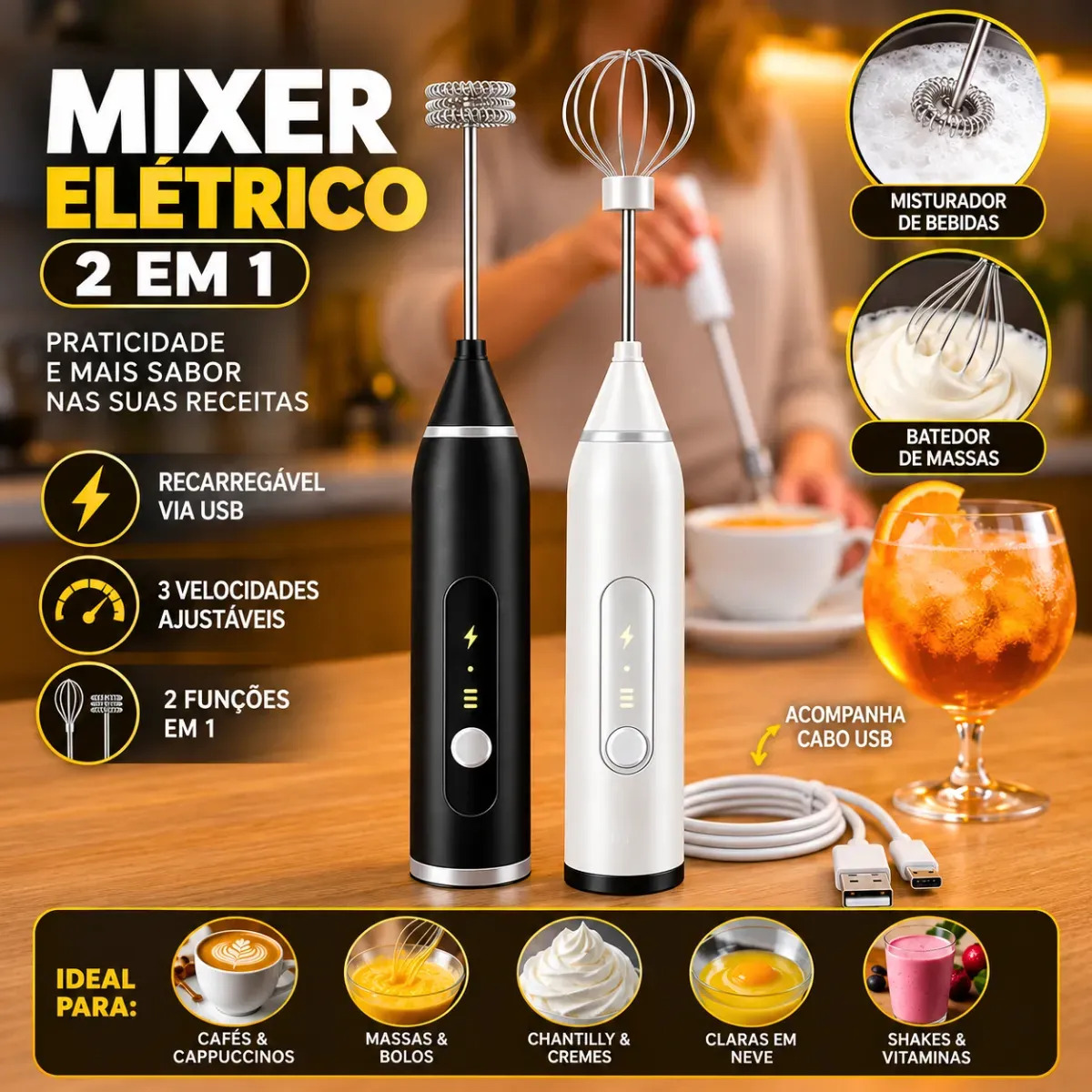Mini Mixer Misturador De Bebidas Elétrico 2 Em 1 Portátil Recarregável Mexedor De Ovos Leite Whey Café Espuma Shake Drinks Capuccino Suco Blackbom