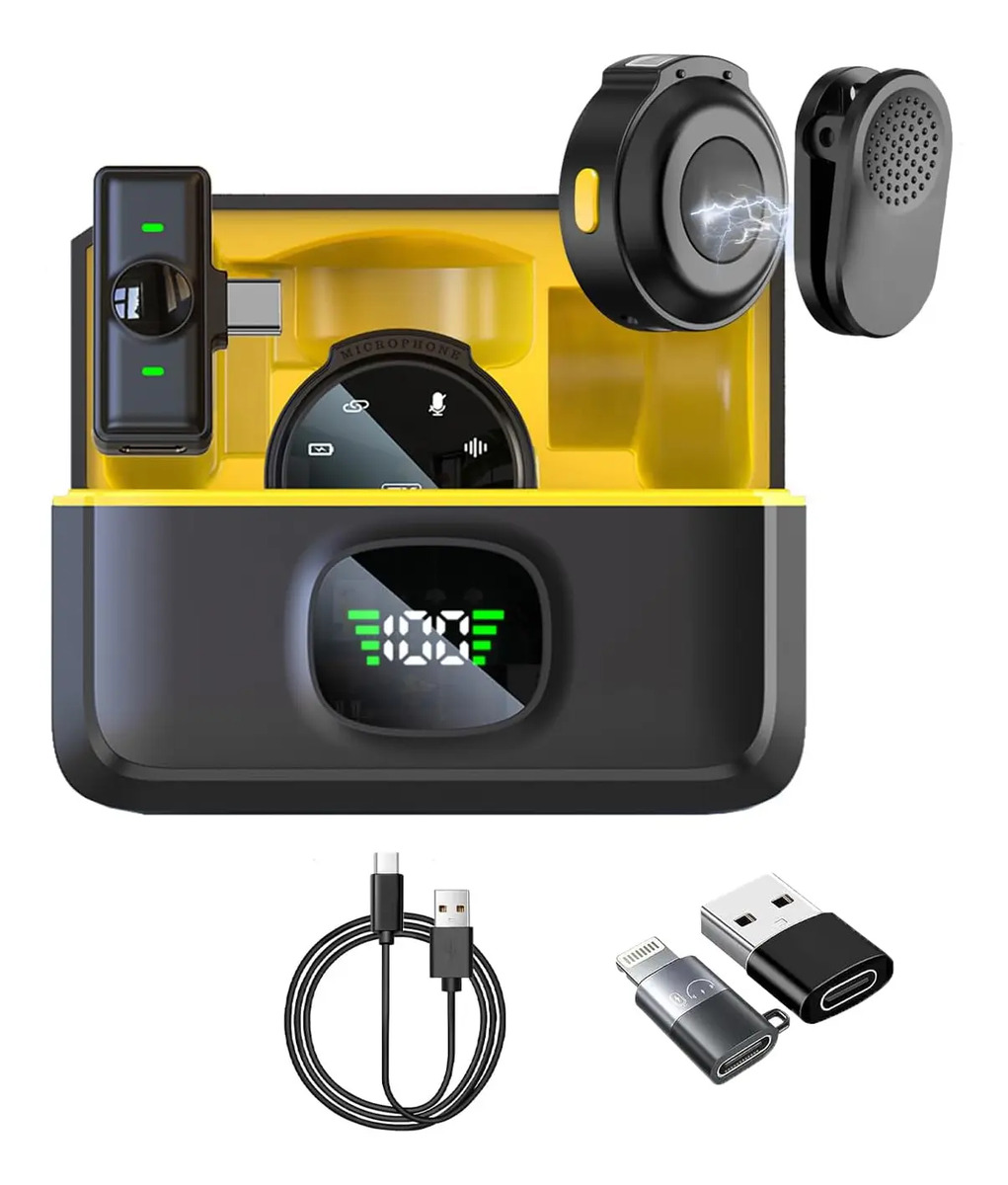 Microfone Lapela J6 Imã Sem Fio Duplo Duplo Anti Ruído Amarelo